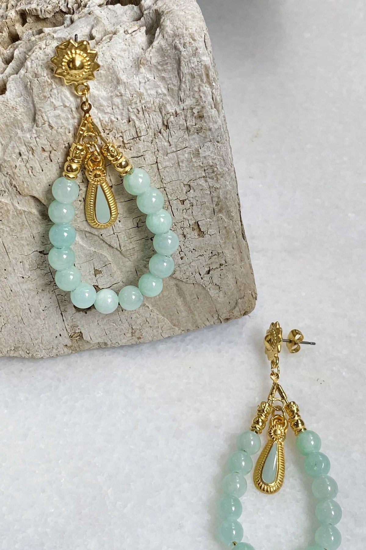 LUNO Oversize hoops earrings with pale green jade beads, ornate gold-tone filigree and teardrop accents