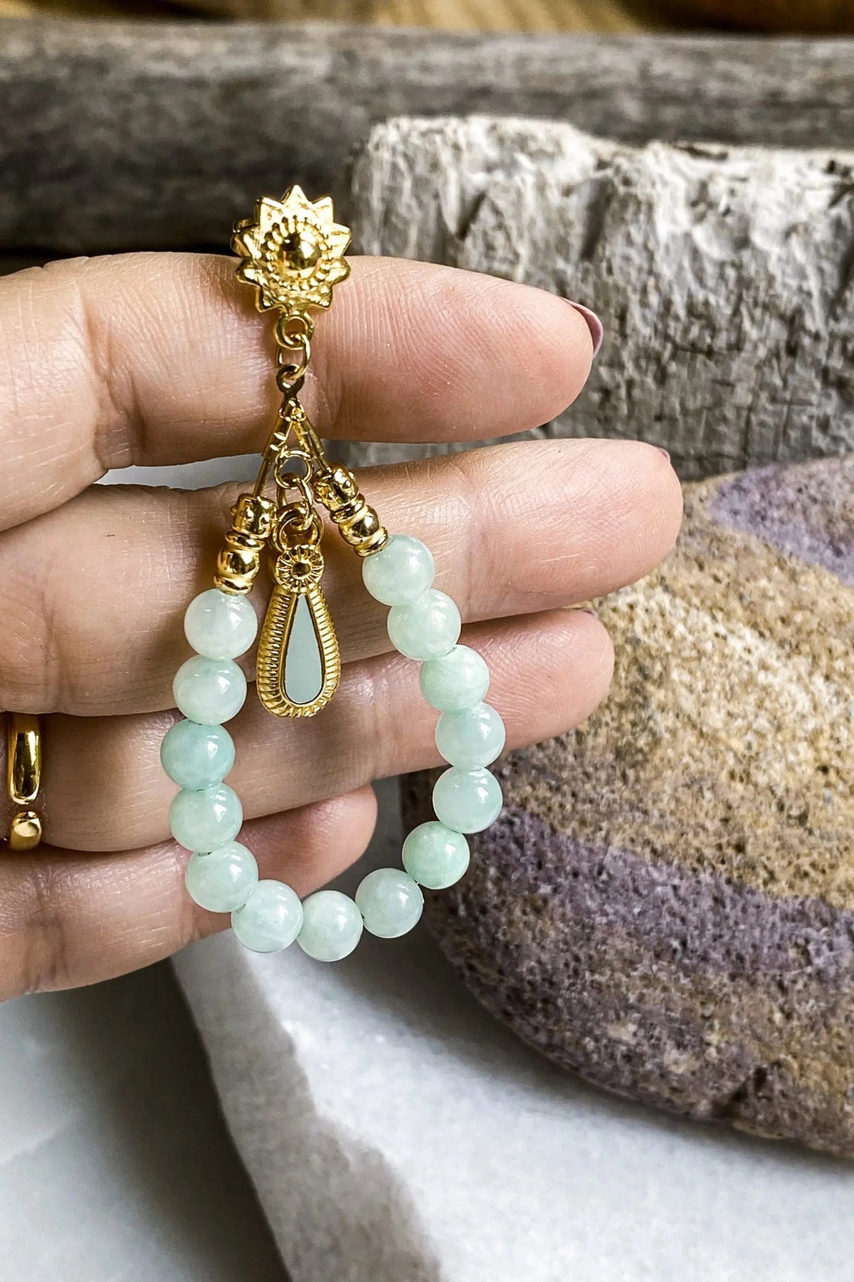 LUNO Oversize hoops earrings in gold-tone metal with pale green jade bead hoops and ornate charms