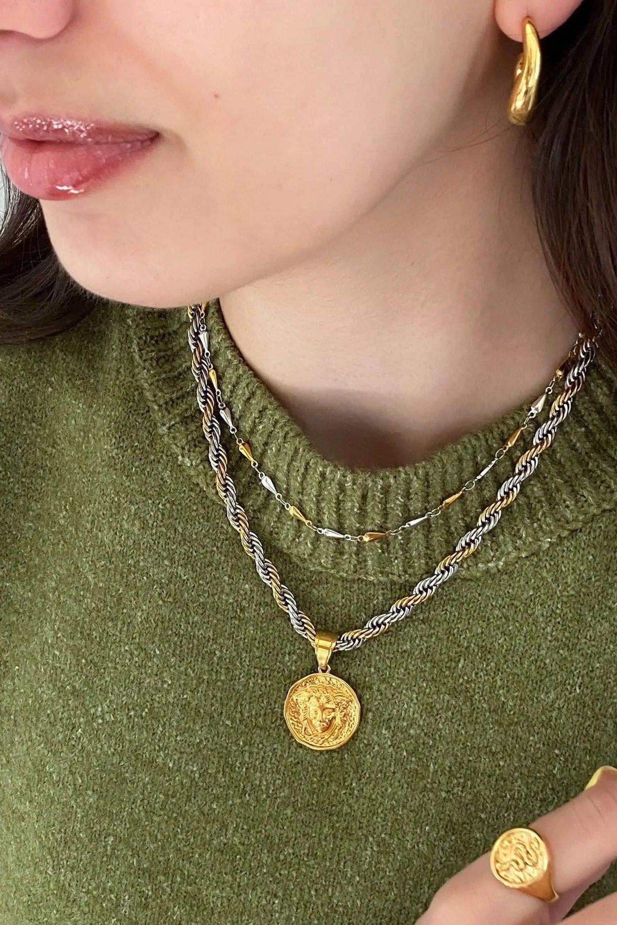 Medusa Chain Necklace with gold and silver braided cord, layered chains and a round gold coin pendant