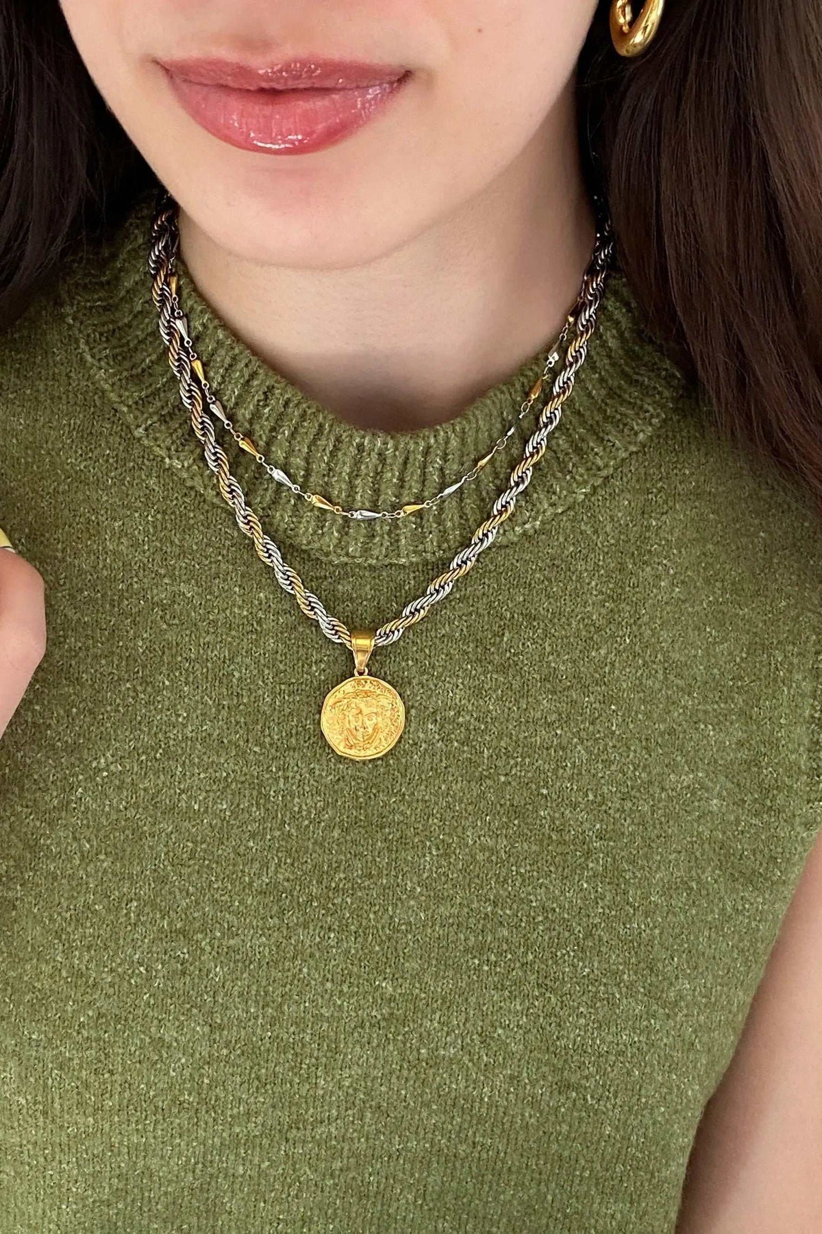 Medusa Chain Necklace with gold and silver twisted chain and round textured coin pendant