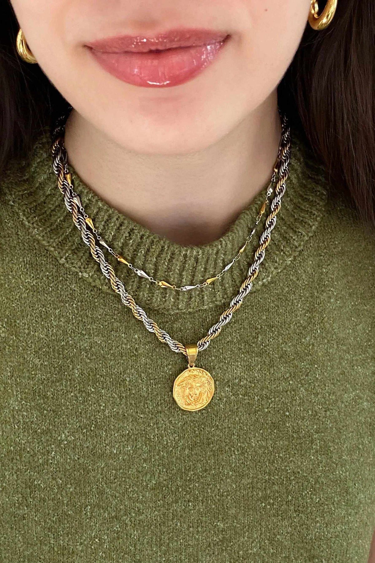 Medusa Chain Necklace with gold and silver twisted steel chain and round gold Medusa coin pendant