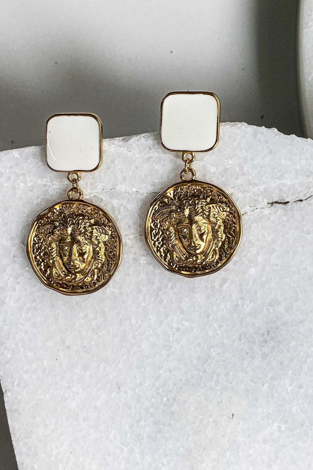 MEDUSA Gold Coin Earrings in gold-tone metal with round textured Medusa coin pendants and square tops