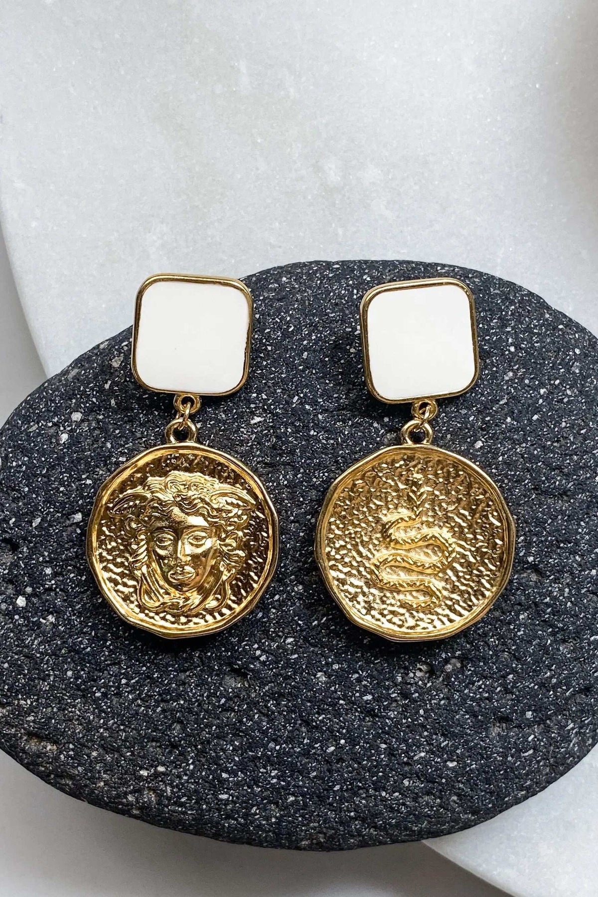 MEDUSA Gold Coin Earrings with gold-tone square tops and textured round coin pendants featuring Medusa faces