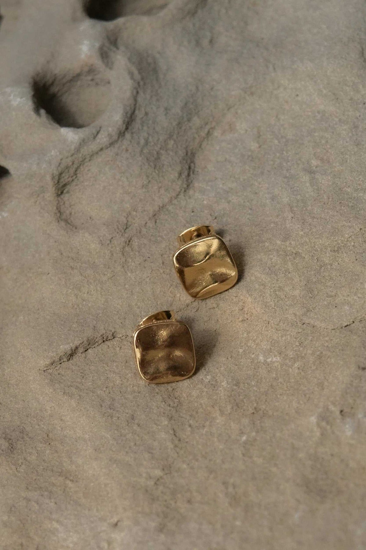 Mini Antique Square earrings in gold-tone metal with rounded square shapes and textured antique finish