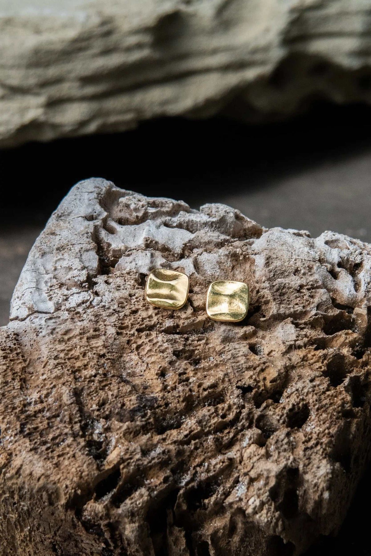 Mini Antique Square earrings in gold-tone metal, with small softly rounded square faces and a subtly hammered finish