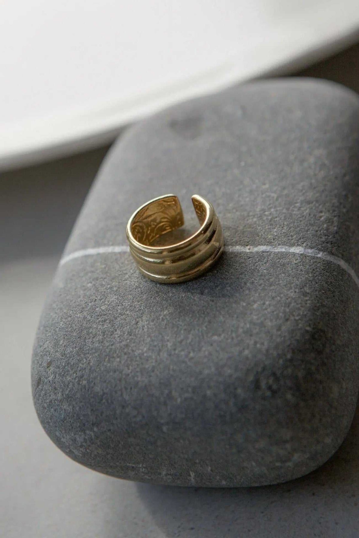 Minimal Boho Wide RING in gold-tone metal with a wide, layered band, engraved inner surface and adjustable open design