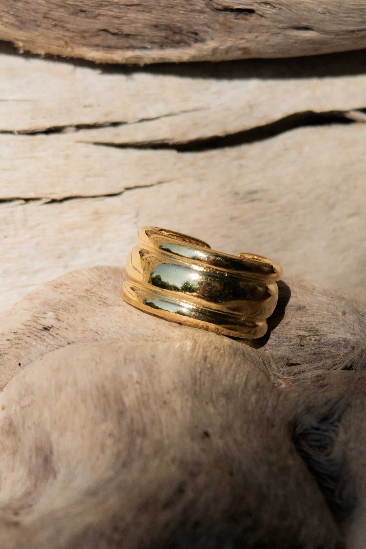 Gold-tone Minimal Boho Wide RING with a broad, irregular layered band and polished organic curves
