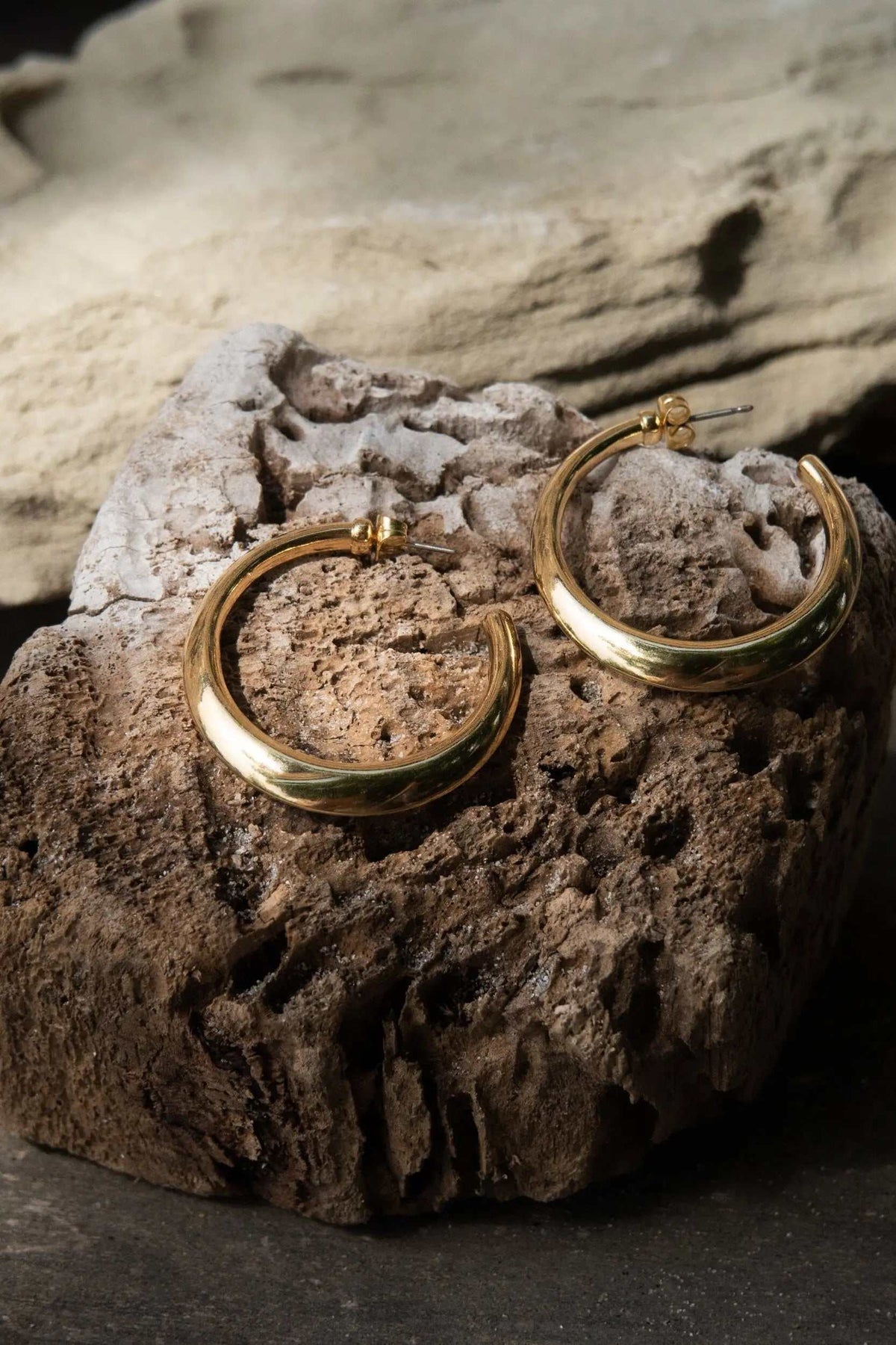 Minimalist 24k gold plated hoop earrings in polished gold-tone metal with thick rounded hoops and hinged clasps