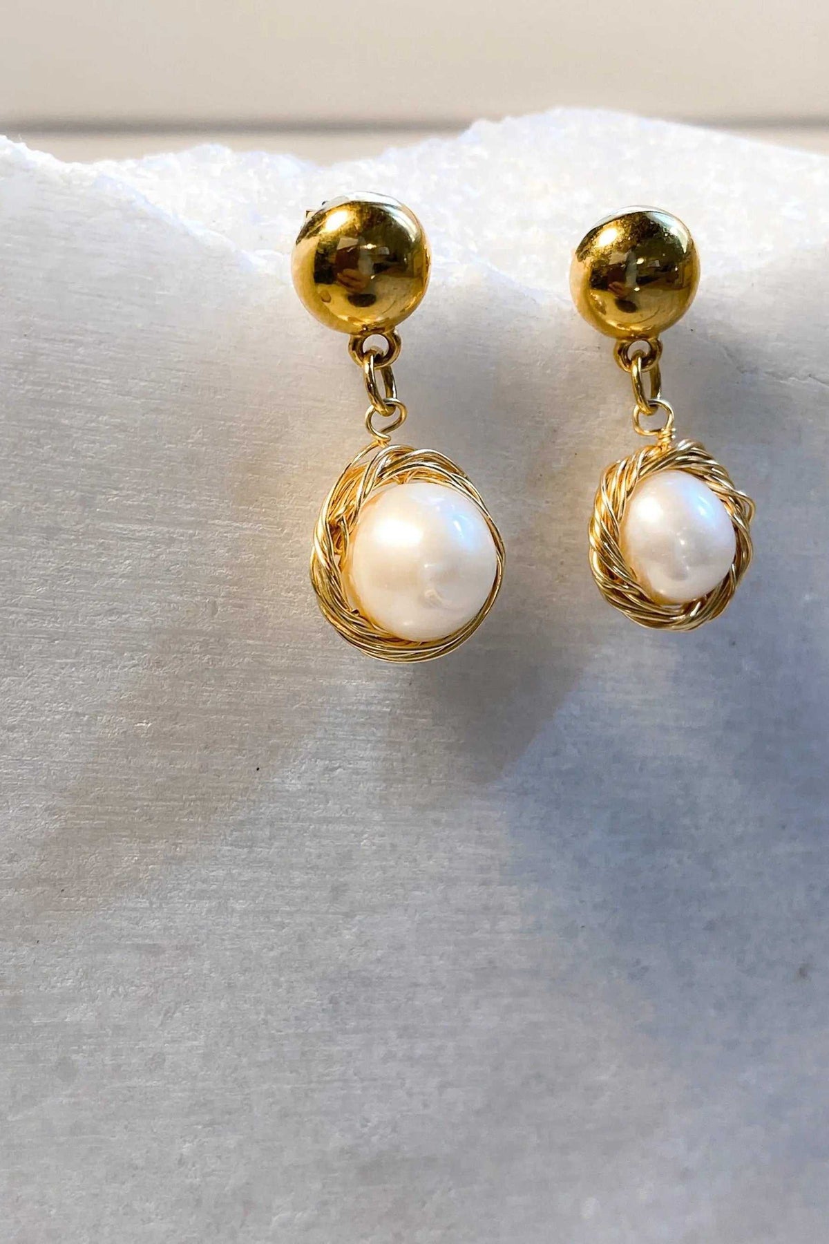Mother of pearl Earrings with white freshwater pearls, gold-tone metal spheres and wire-wrapped oval drops