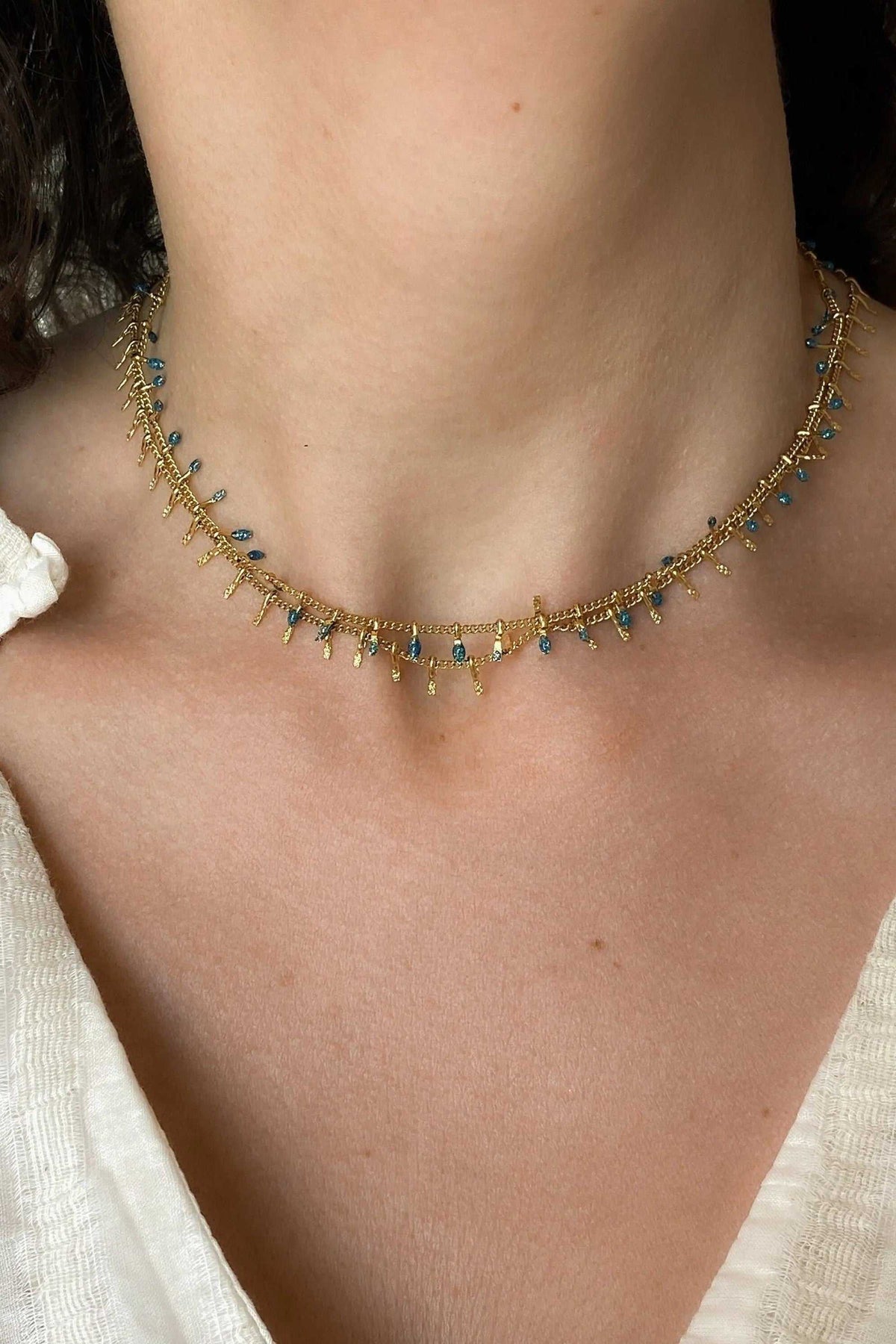Mum Gift Dainty Necklace, delicate gold chain with blue and green resin beads and dangling accents