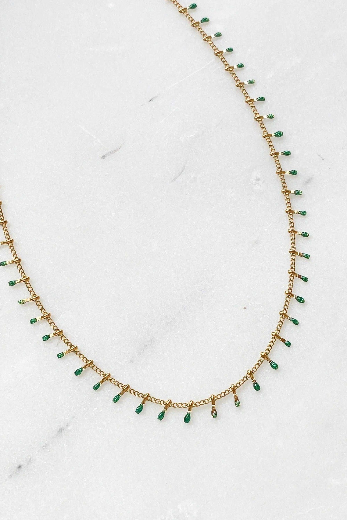 Mum Gift Dainty Necklace with a fine gold-tone chain and evenly spaced dangling green beads for a delicate look