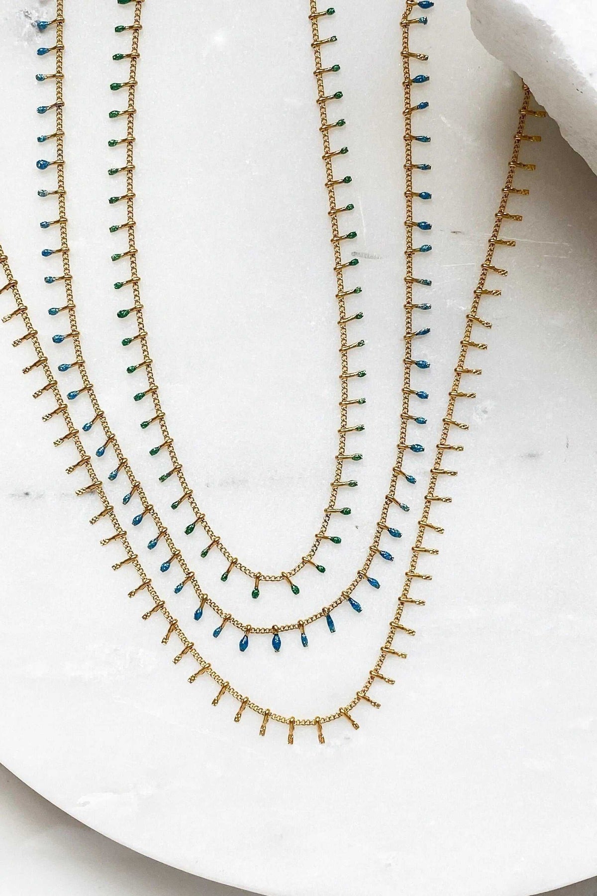 Mum Gift Dainty Necklace in gold-tone steel with colourful blue and green resin accents on a thin chain