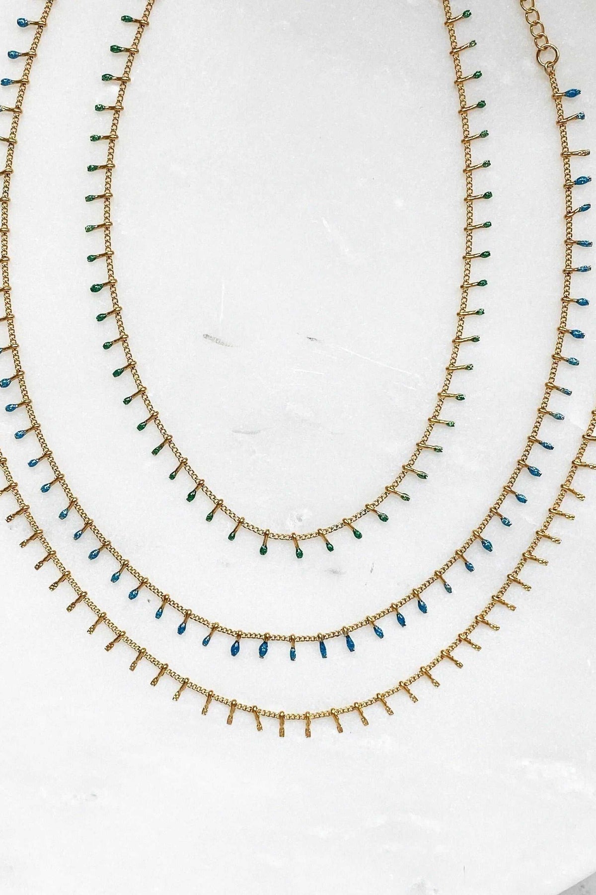 Mum Gift Dainty Necklace featuring a gold-tone steel chain with green and blue resin drops and delicate bar details