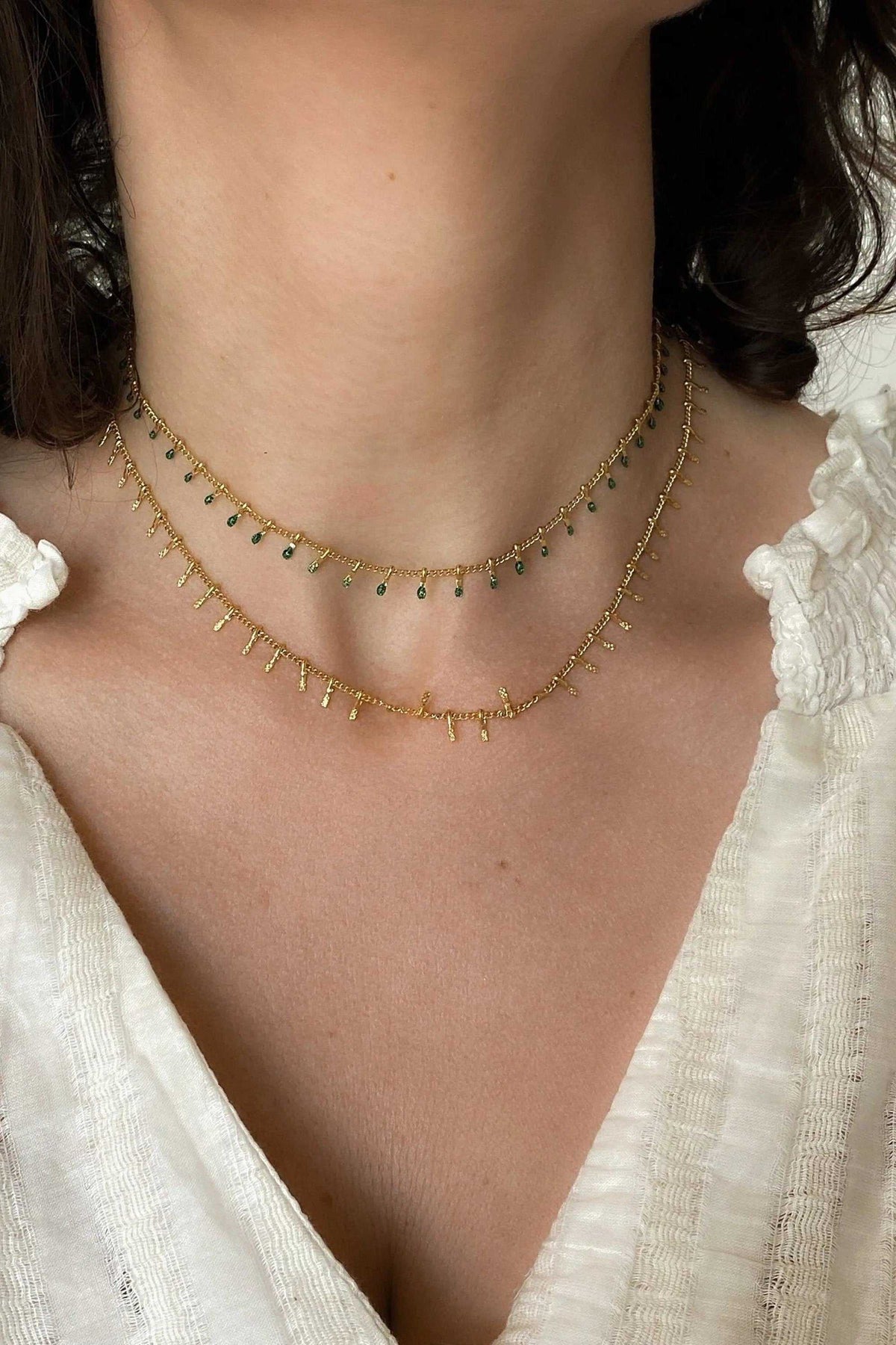 Mum Gift Dainty Necklace in gold-tone steel with delicate green resin drops and layered thin chains