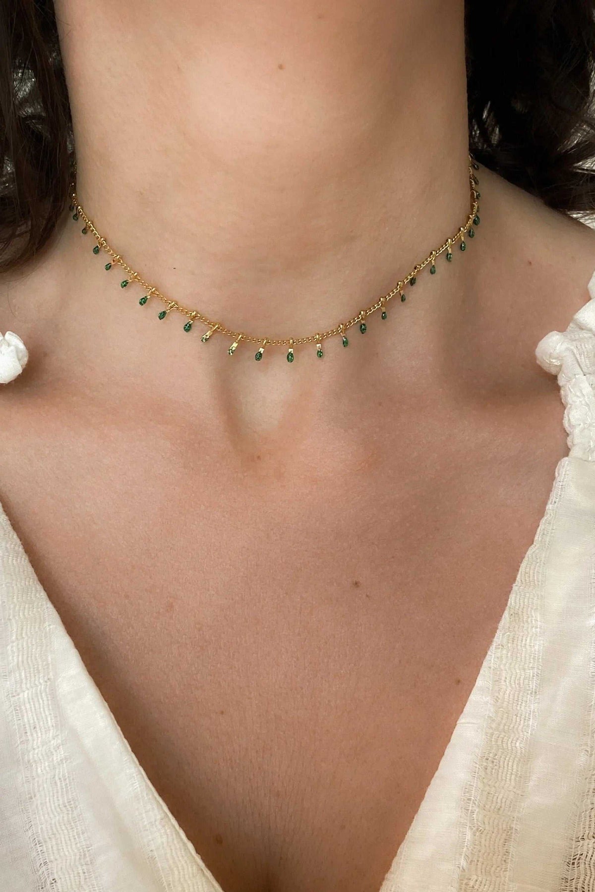 Mum Gift Dainty Necklace in gold-tone steel with delicate green resin drops and a fine chain
