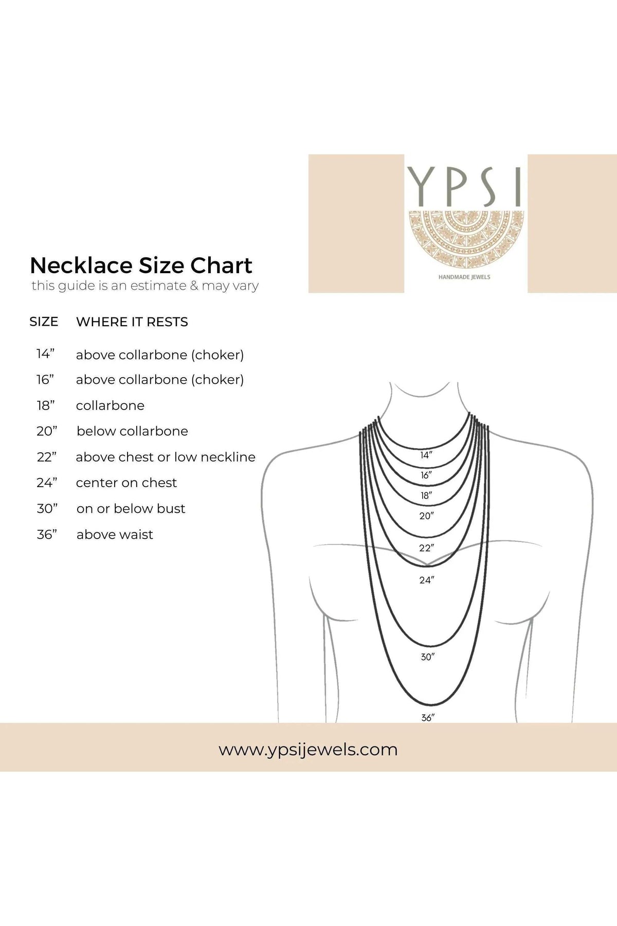 Mum Gift Dainty Necklace size chart showing necklace lengths from 14 to 36 inches on a body outline