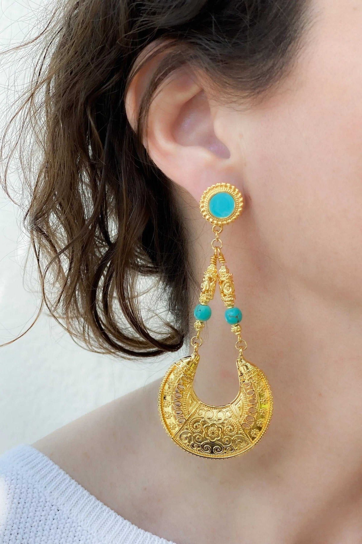 MYRTÓ EARRINGS gold-tone ornate drop earrings with turquoise beads and circular patterned pendant