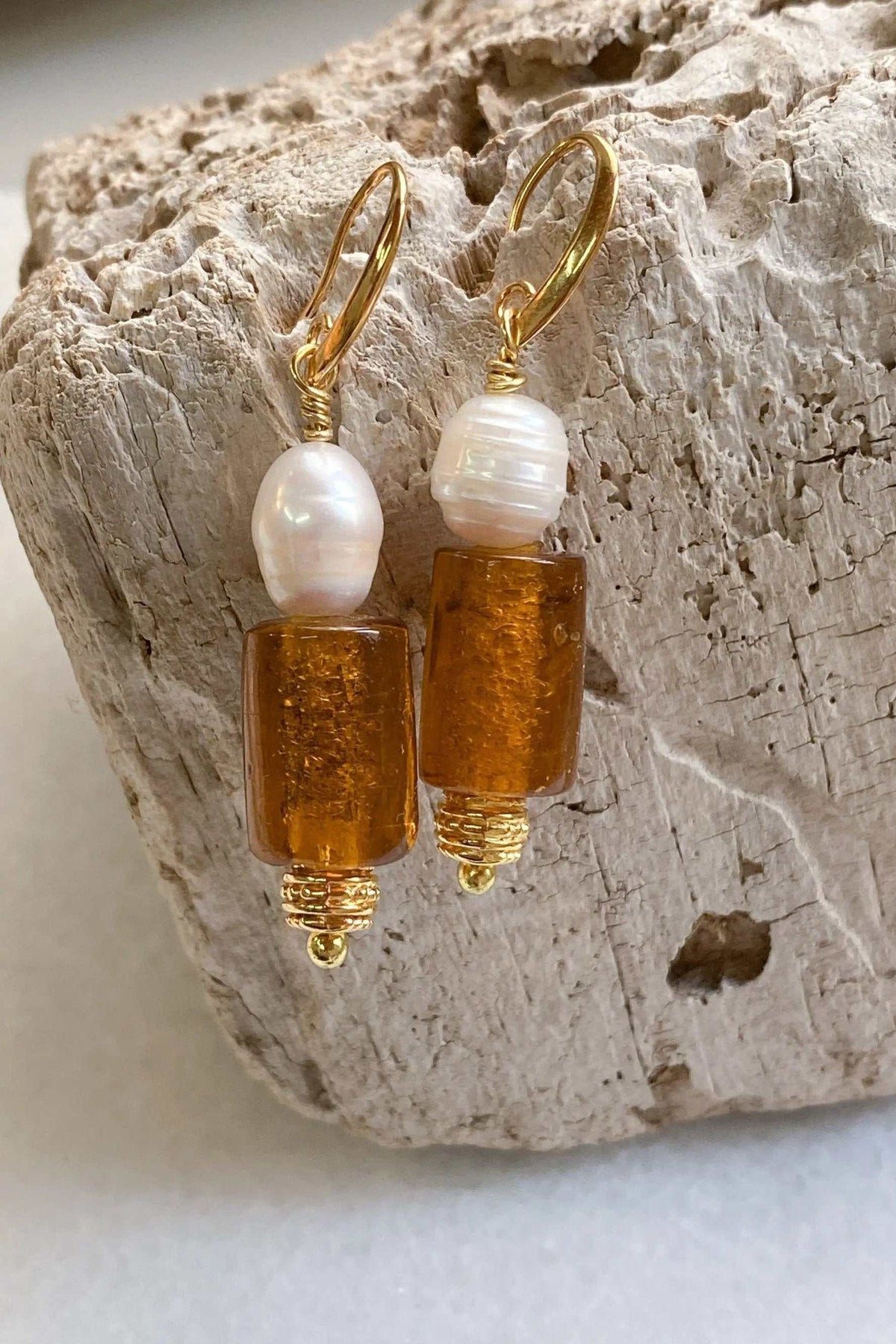 NATASSA Brown crystal earrings with amber glass beads, freshwater pearls, and gold-toned metal hooks
