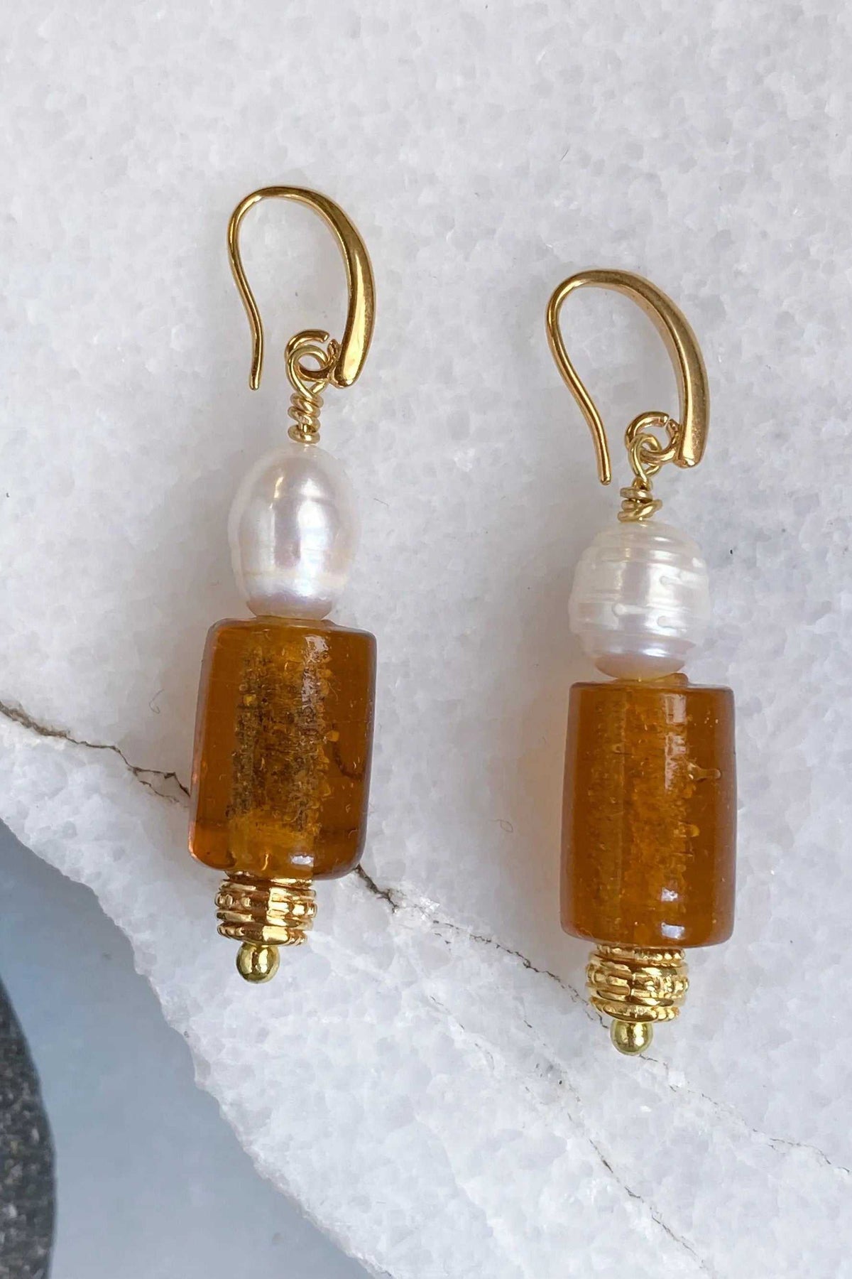 NATASSA Brown crystal earrings with amber rectangular beads, freshwater pearls, and gold-tone accents