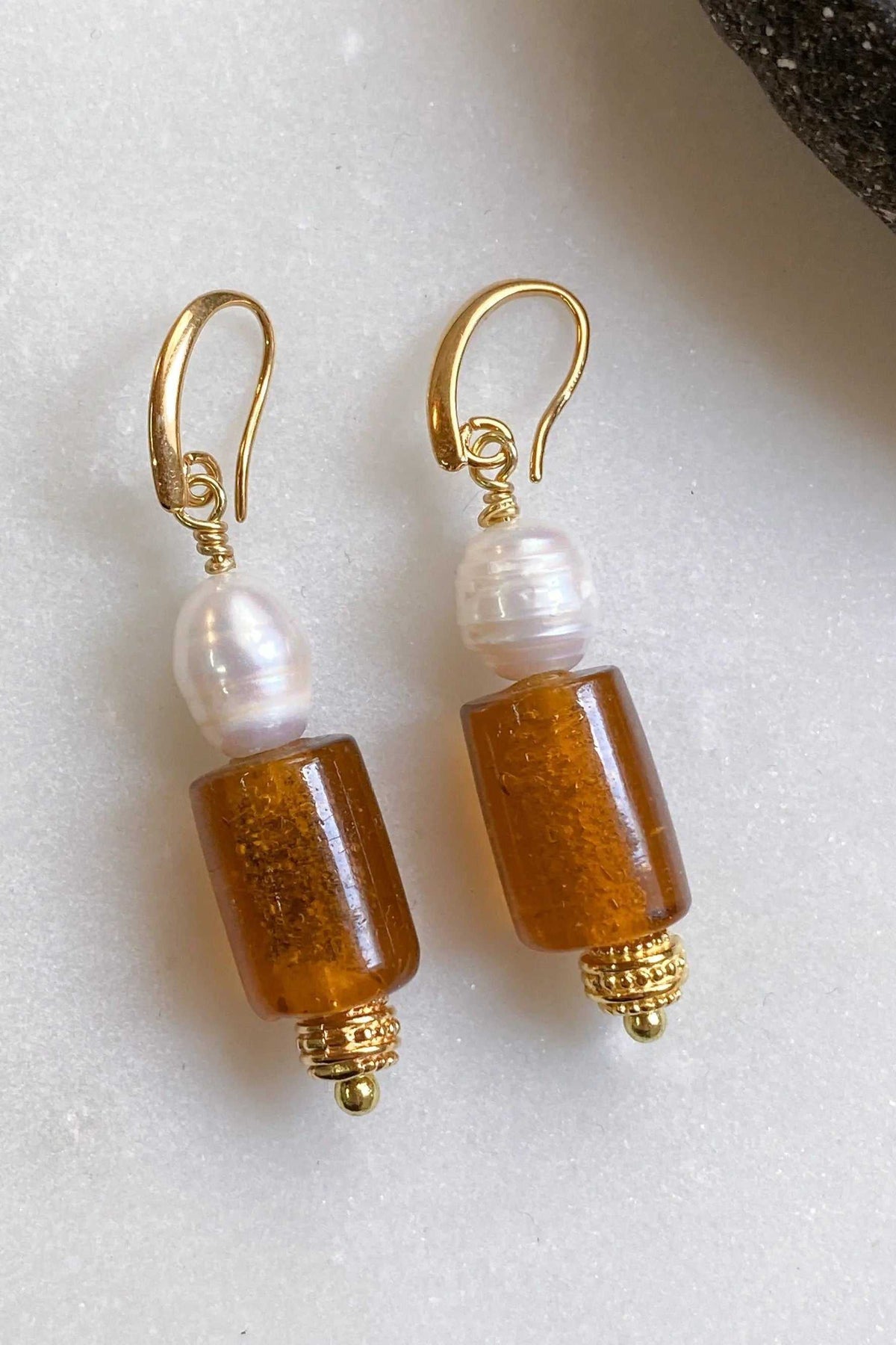 NATASSA Brown crystal earrings with amber-brown glass beads, freshwater pearls, and gold-tone detailing
