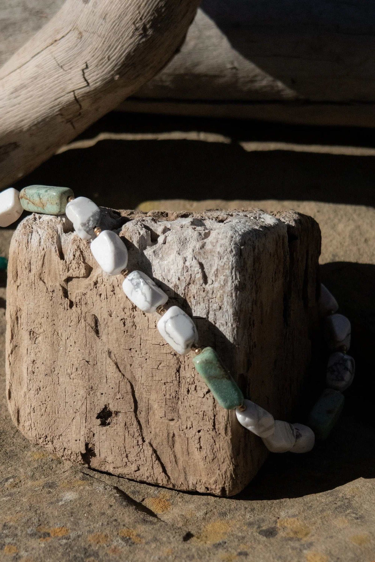 Necklace Crystal Gemstone with chunky white and pale green rectangular howlite beads and rounded stone accents