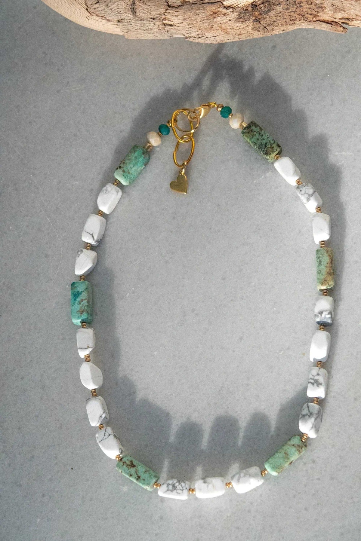 Necklace Crystal Gemstone with white and green marbled stone beads, gold-tone accents and a small heart charm