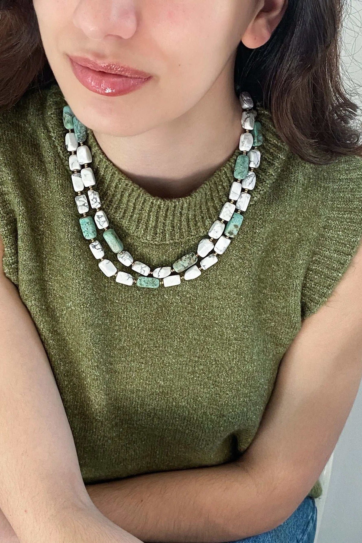 Necklace Crystal Gemstone with chunky white and pale green rectangular stones in a double-strand design