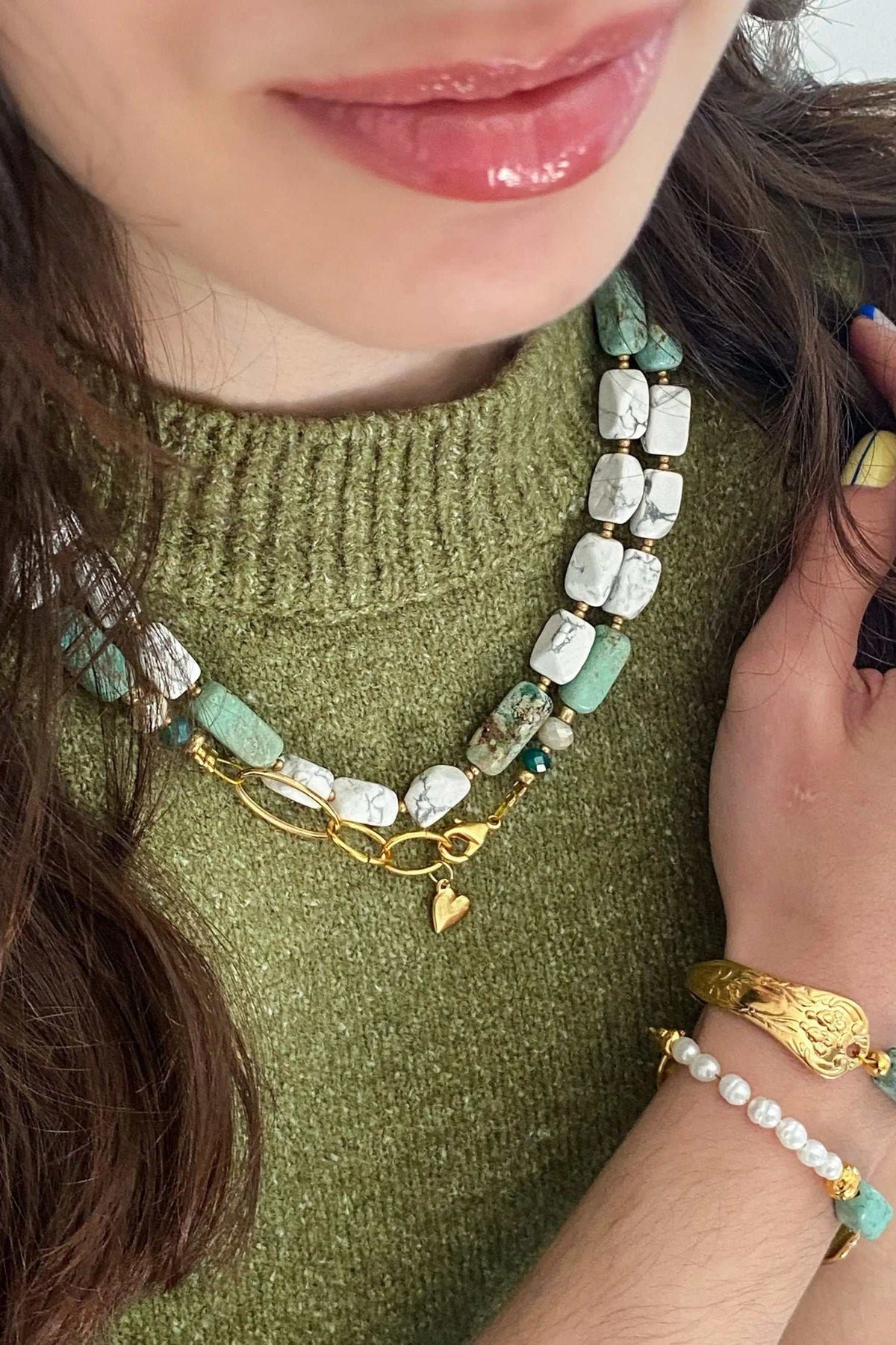 Necklace Crystal Gemstone with white and mint green rectangular stones, gold-tone links and a small heart charm