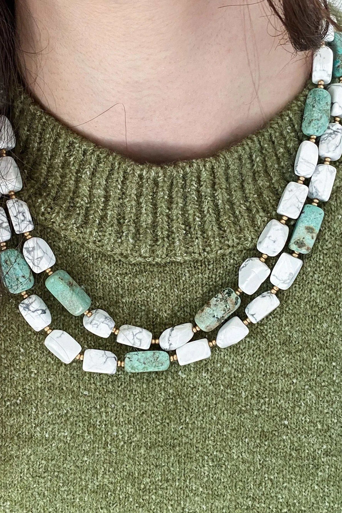 Necklace Crystal Gemstone with irregular white and mint-green marbled stones, gold-tone spacers, and a layered design