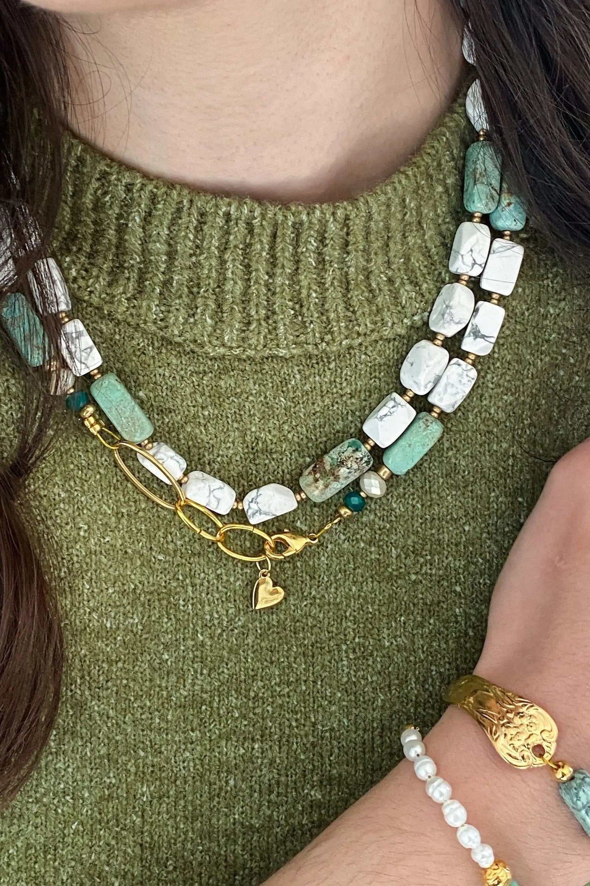 Necklace Crystal Gemstone featuring white and turquoise rectangular stones, gold-tone links, and a small heart charm