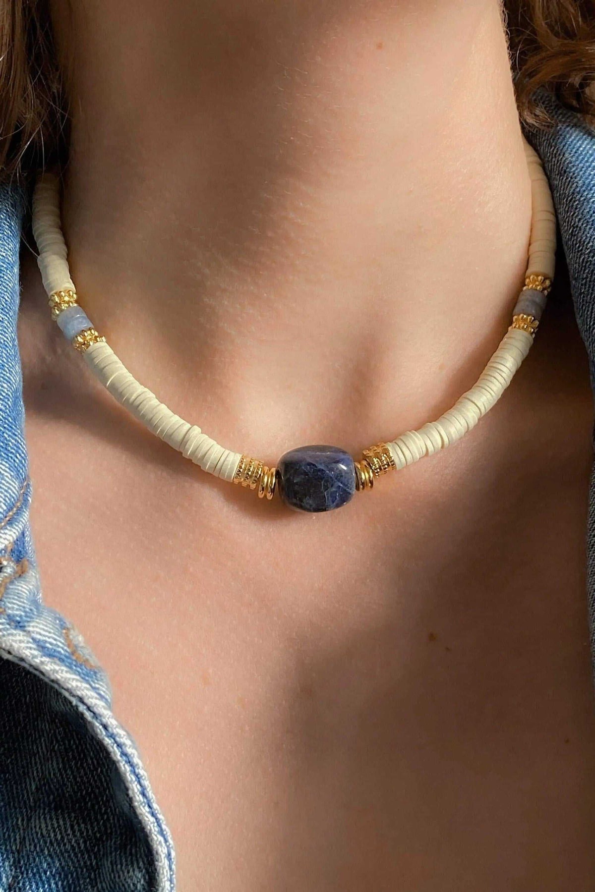 Necklace Heishi Boho Sodalite with white heishi beads, blue stone, gold accents, and choker design