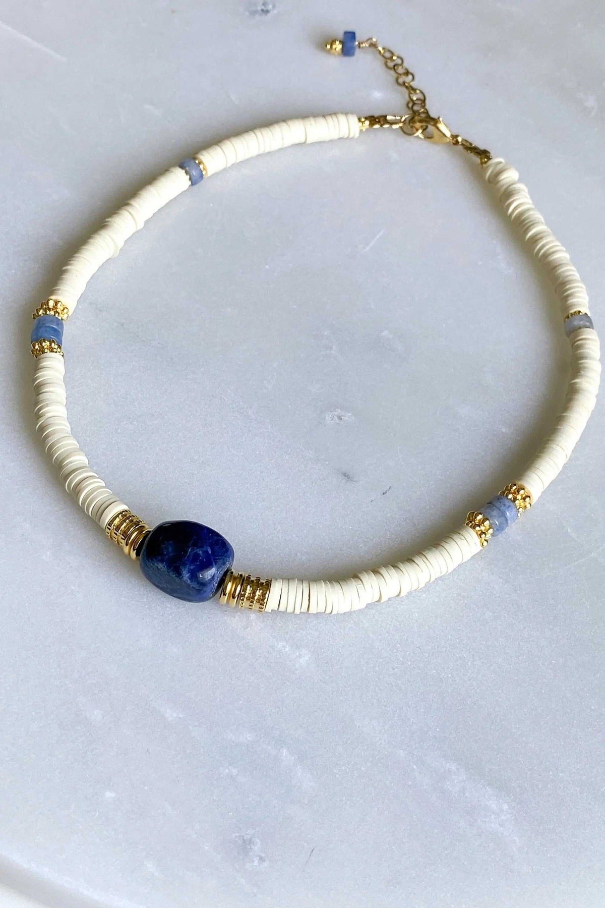 Necklace Heishi Boho Sodalite with white heishi beads, blue sodalite stone and gold-toned accents