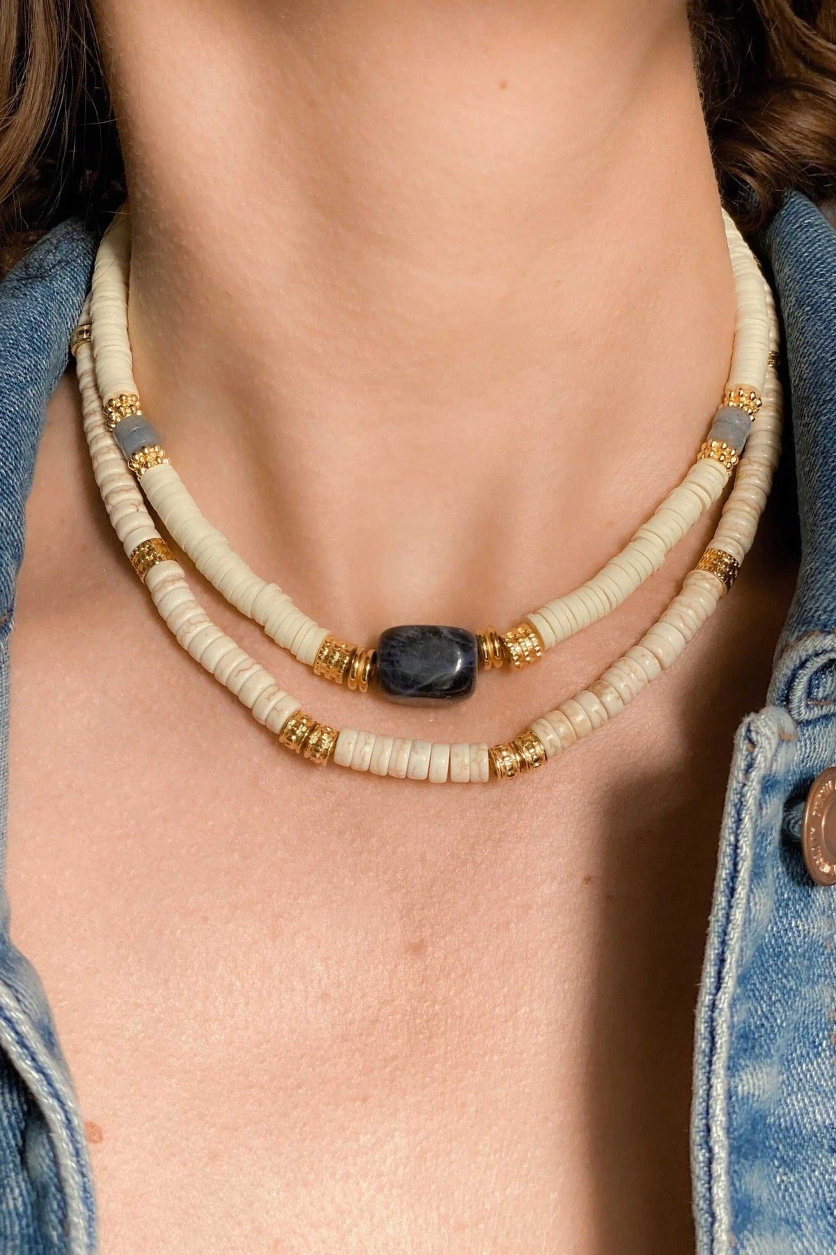 Necklace Heishi Boho Sodalite, double-strand white heishi bead necklace with dark blue stone and gold details