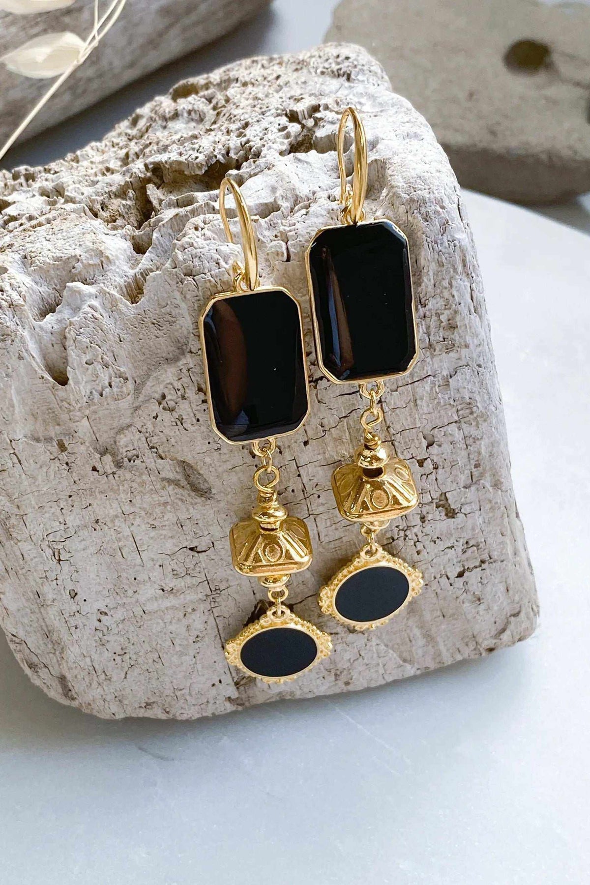 ONIRO Black and gold Boho earrings with glossy black rectangular stones, ornate gold-tone drops and oval pendants