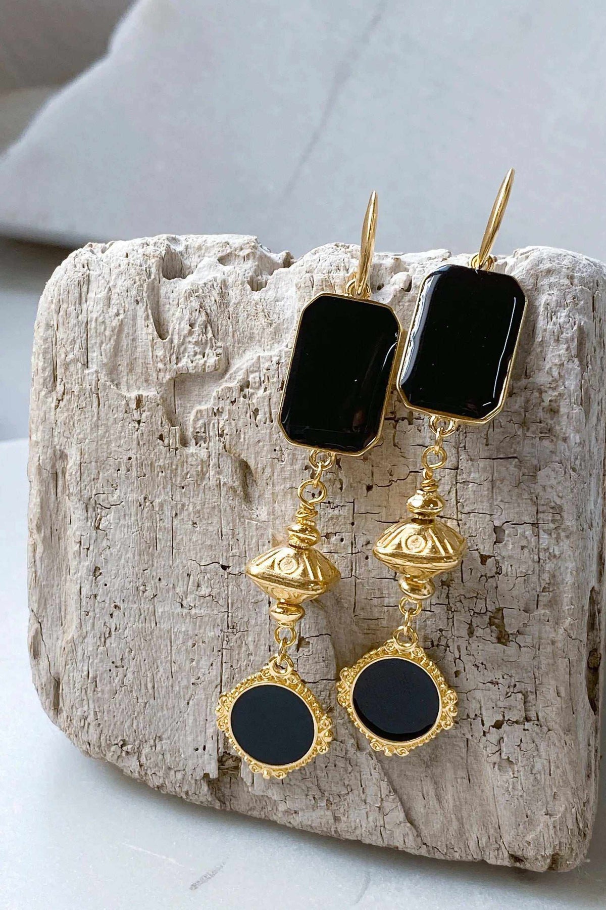 ONIRO Black and gold Boho earrings with glossy black rectangular stones, gold-tone detailing and round black drops