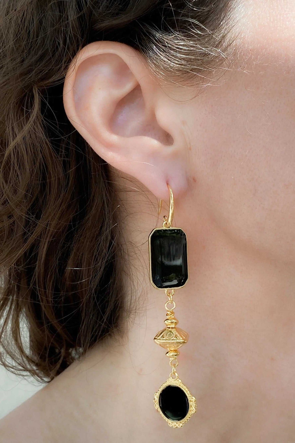 ONIRO Black and gold Boho earrings featuring black rectangular and oval pendants with gold-tone metal details