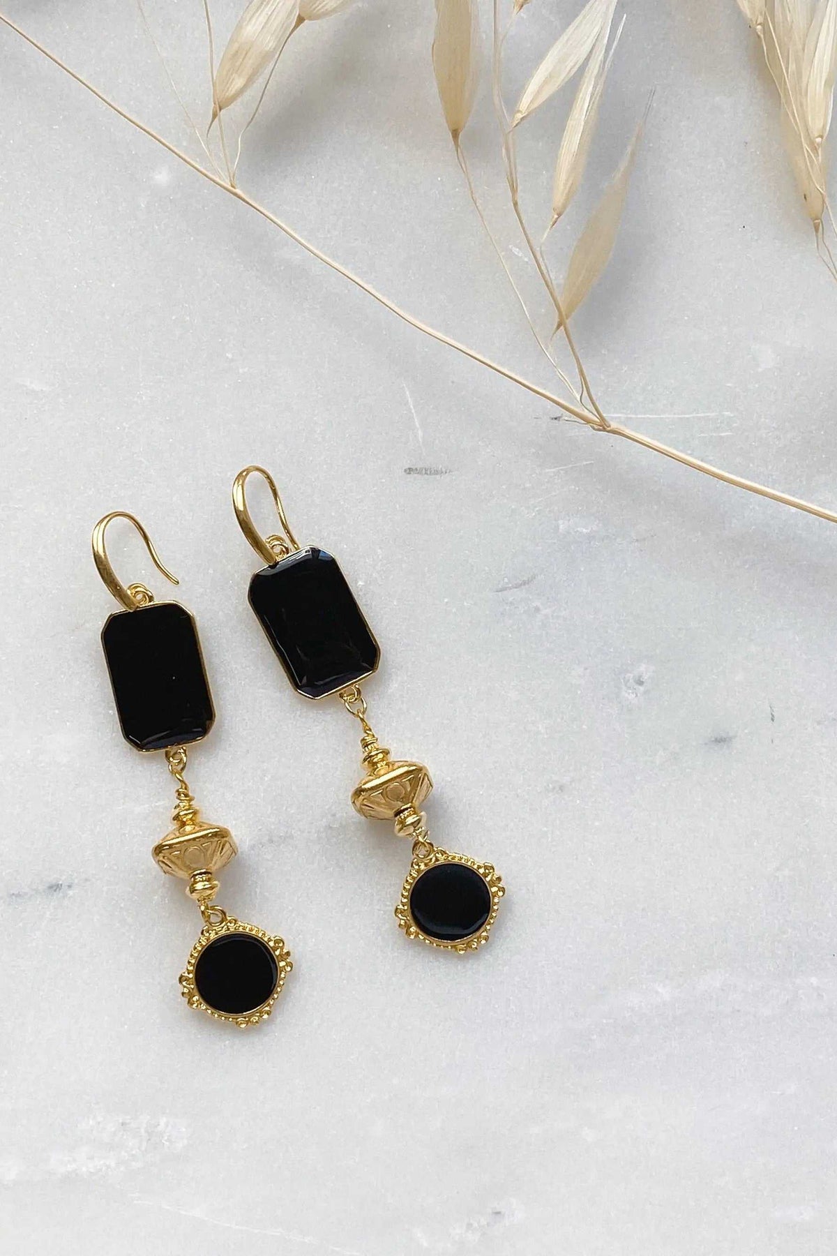 ONIRO Black and gold Boho earrings with black rectangular and round resin charms, gold-tone metal details
