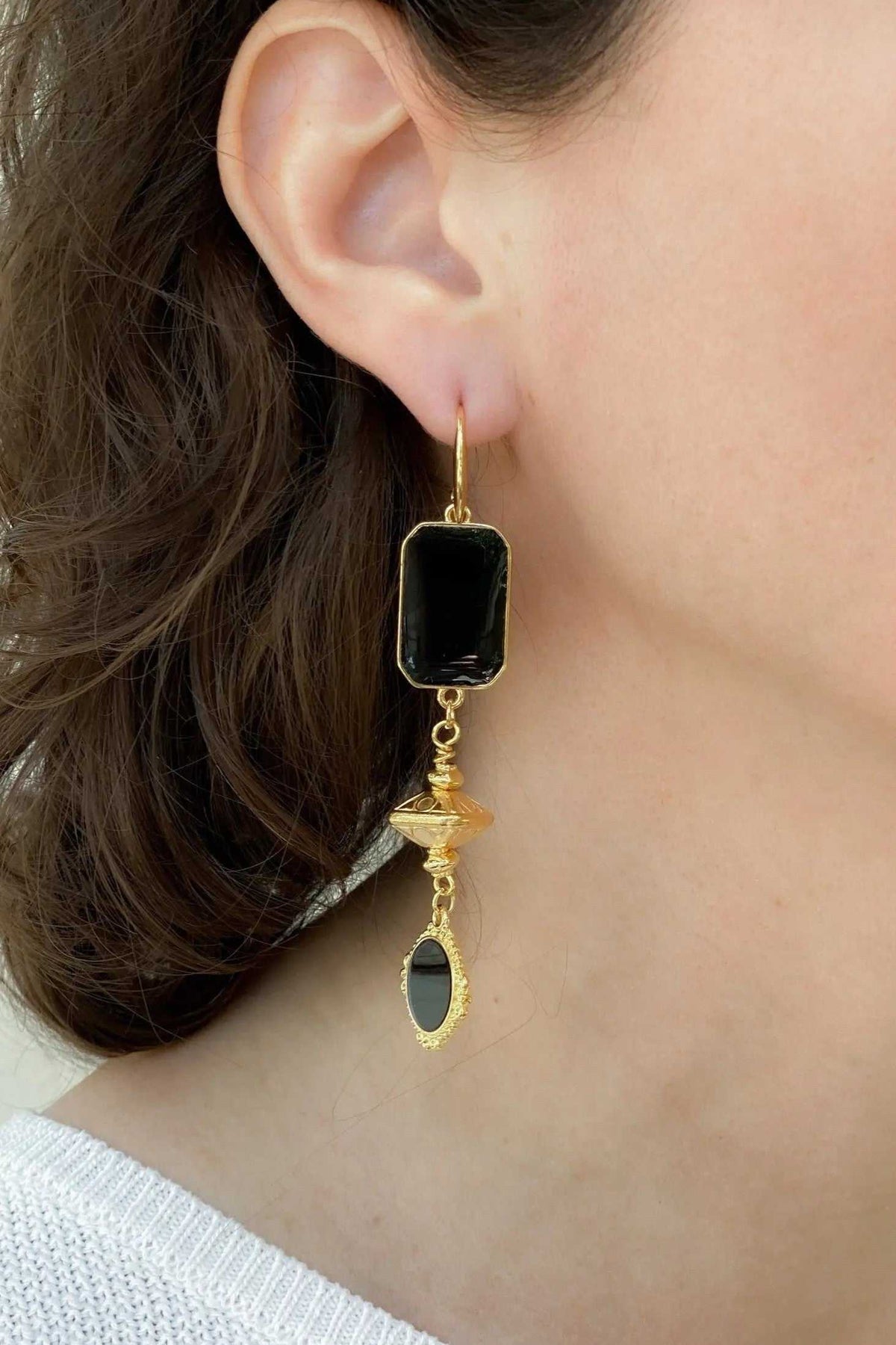 ONIRO Black and gold Boho earrings with black rectangular resin, gold metal details and dangling oval charm