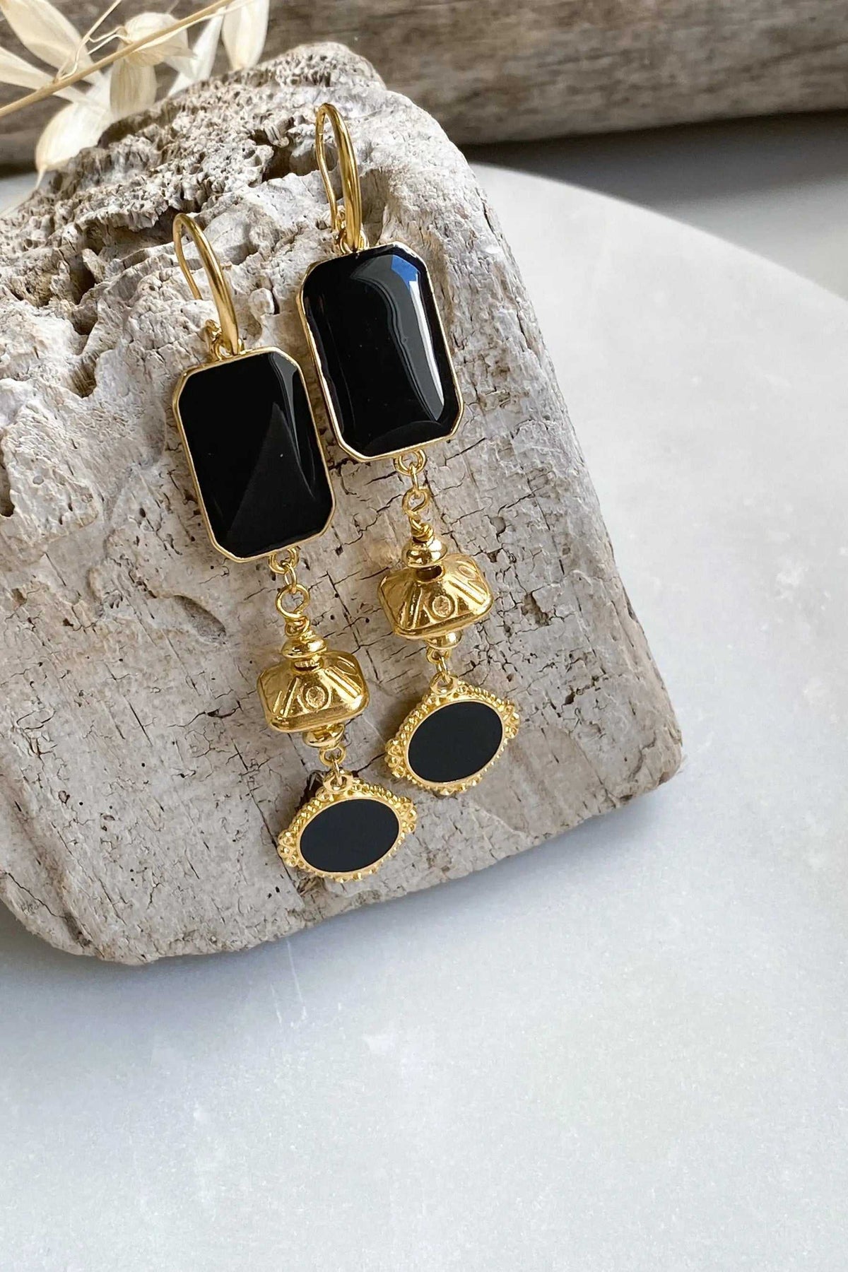 ONIRO Black and gold Boho earrings with glossy black resin drops and ornate gold-plated dangling details