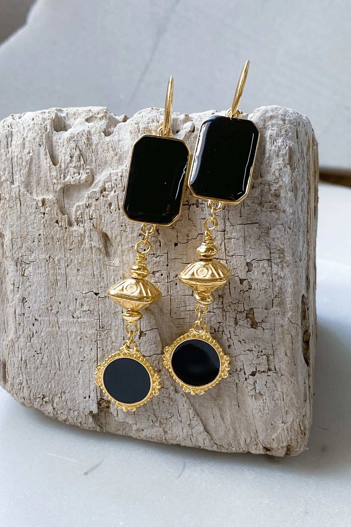 ONIRO Black and gold Boho earrings with glossy black rectangular and round resin drops, gold-tone geometric details and hooks