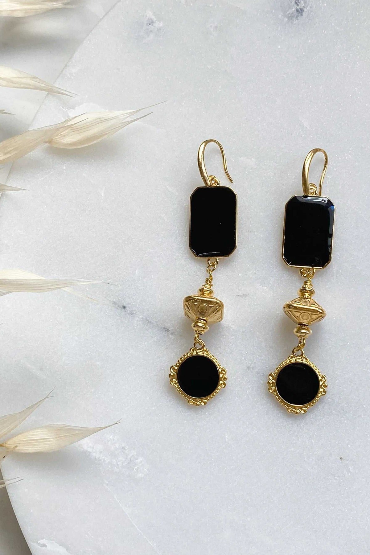ONIRO Black and gold Boho earrings with black geometric resin drops and ornate gold-toned dangling details