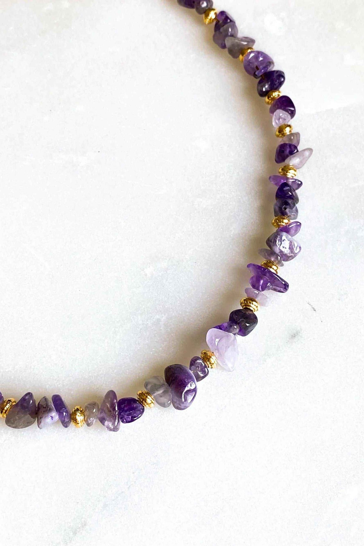 POLYMNIA Blue Jade necklace with purple natural stone chips and gold-toned spacer beads