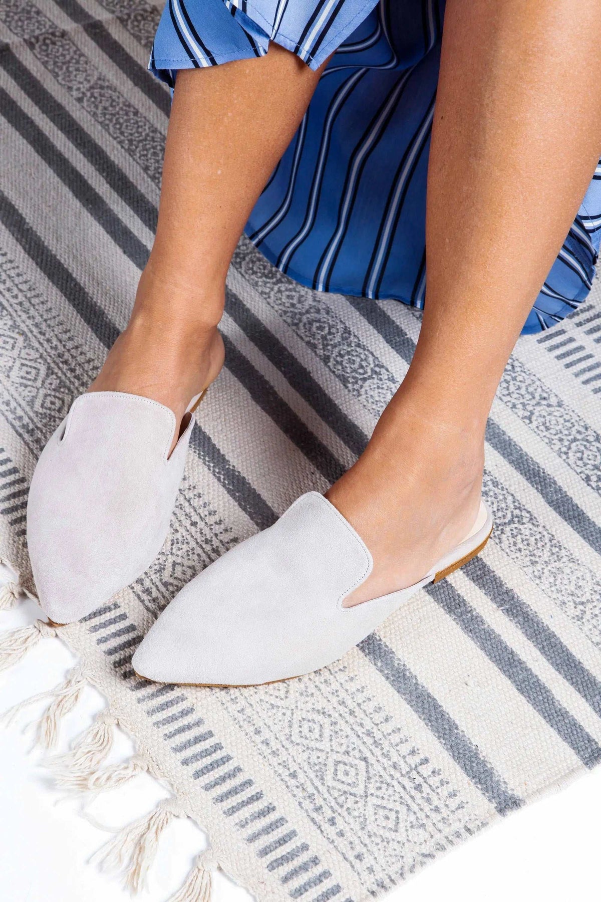 RAFAELA Handmade Greek Sandals in pale beige suede, with closed pointed toes and open backs in a mule style