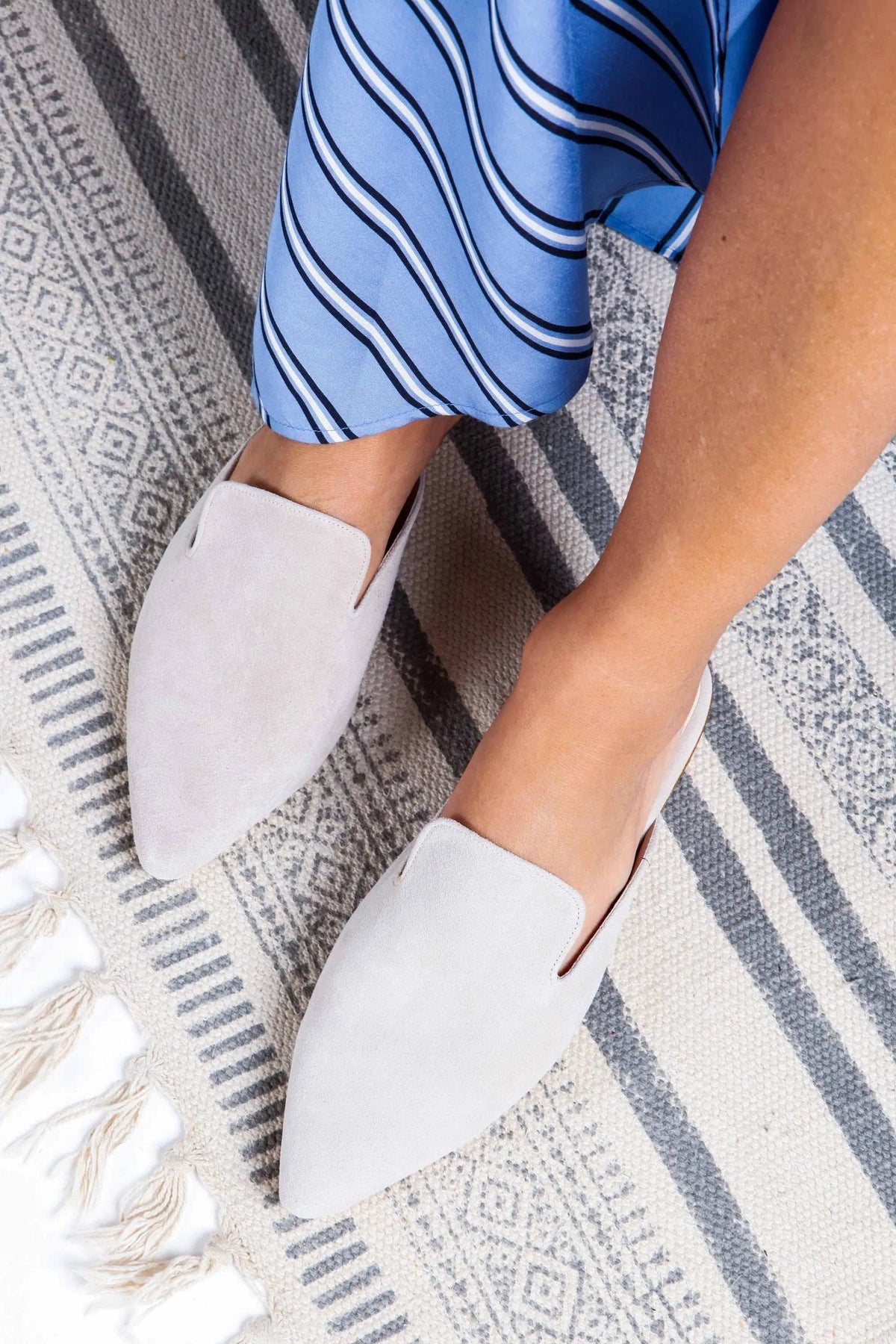 RAFAELA Handmade Greek Sandals in pale beige suede, featuring pointed closed toes and a low slip-on mule design
