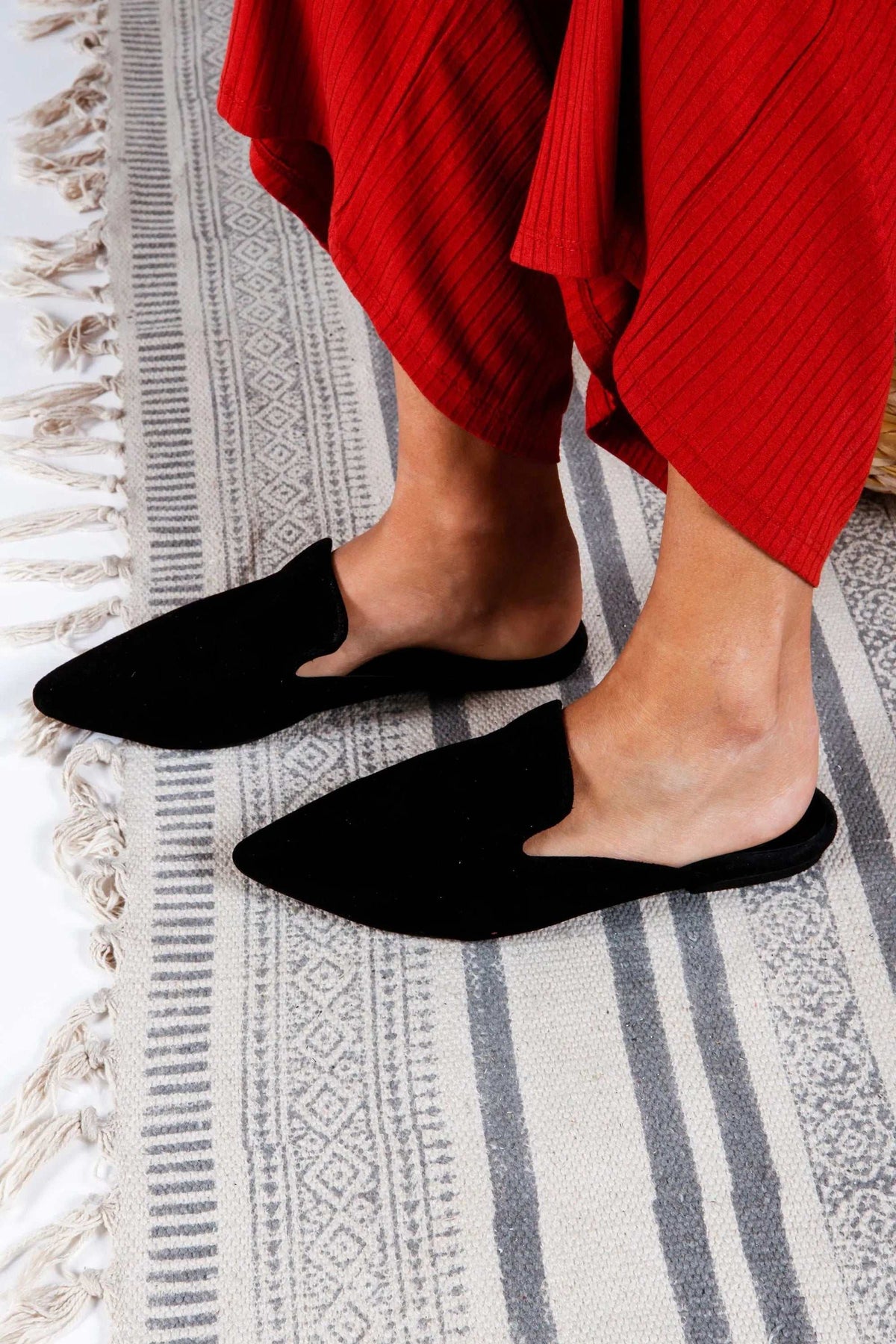 RAFAELA Handmade Greek Sandals in black suede, with pointed open-back mule design and low flat soles