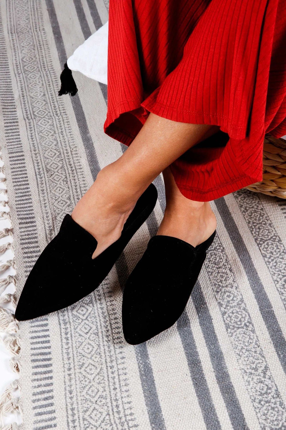 RAFAELA Handmade Greek Sandals, black suede pointed-toe mules with an open back and low-profile sole