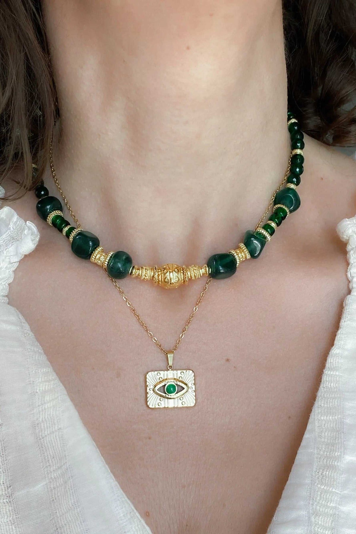 Emerald green ROXANI Emerald Green necklace with glossy round beads, gold accents and an eye pendant