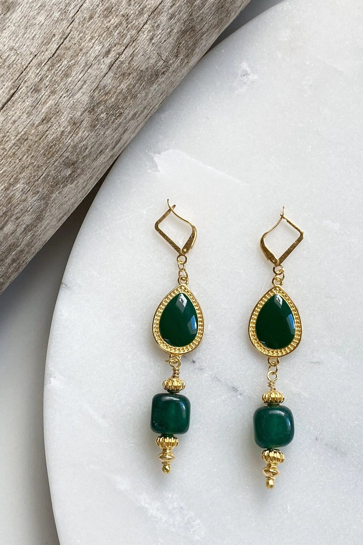 ROXANI Emerald Green earrings with deep green teardrop and square stones, gold-tone beaded settings and geometric hooks