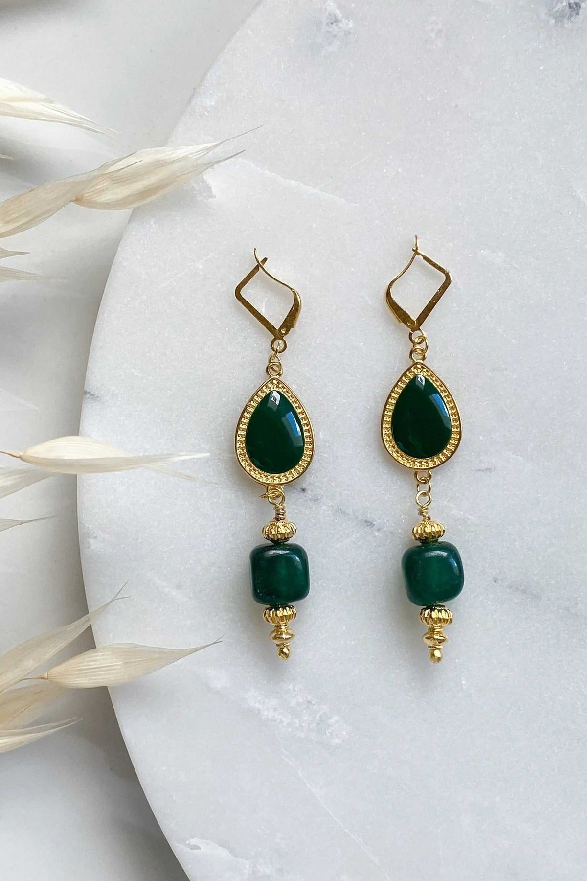 ROXANI Emerald Green earrings in deep green gemstone drops with gold-tone beaded borders and matching square beads
