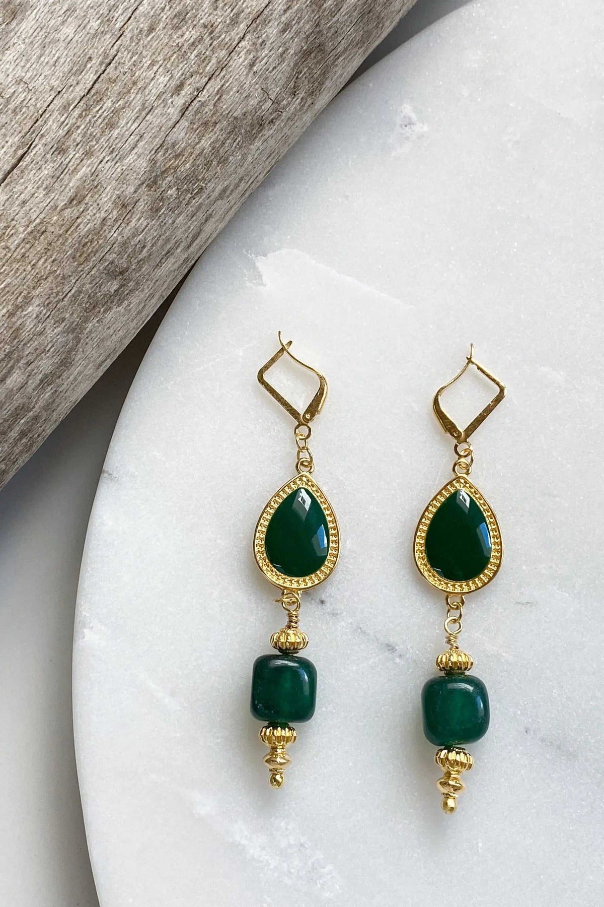 ROXANI Emerald Green earrings with deep green teardrop and square stones, gold-tone settings and geometric hooks